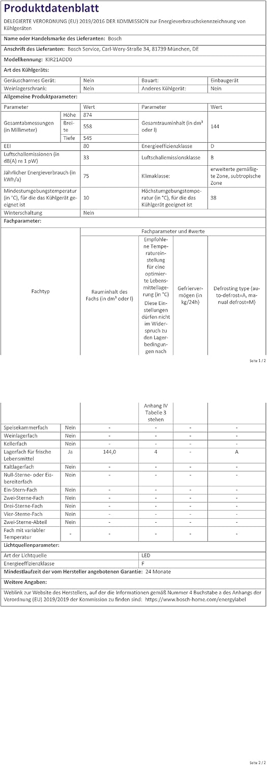 Bosch KIR81AFE0 Serie 6 Réfrigérateur encastrable, 177,5 x 56 cm, 319 L, charnière plate, fabriqué en Allemagne, VitaFresh plus 2 x fraîcheur plus longue, éclairage LED uniforme