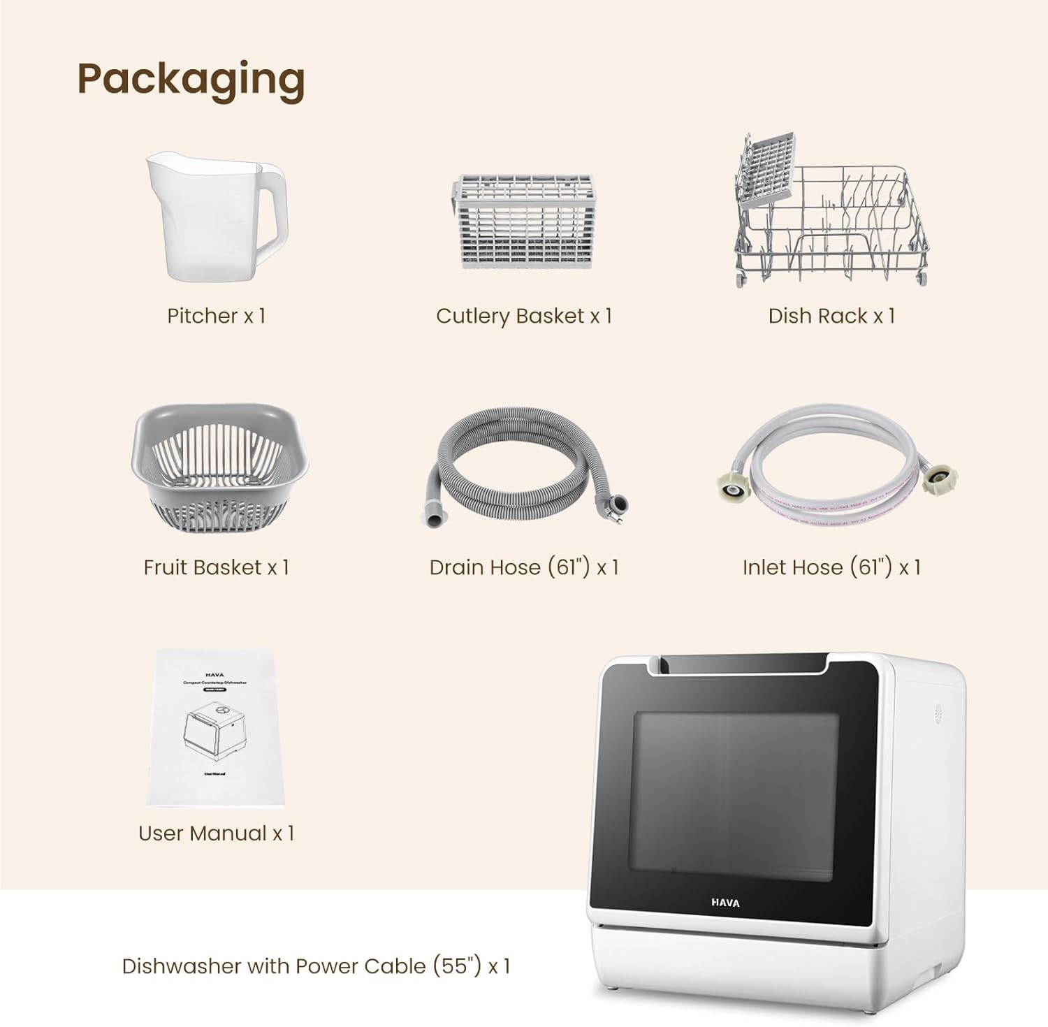 HAVA mini lave vaisselle, nouveau modèle amélioré 2024, 8 programmes de lavage, lave-vaisselle portable avec sécurité enfant et fonction de démarrage différé, réservoir d'eau de 5 L