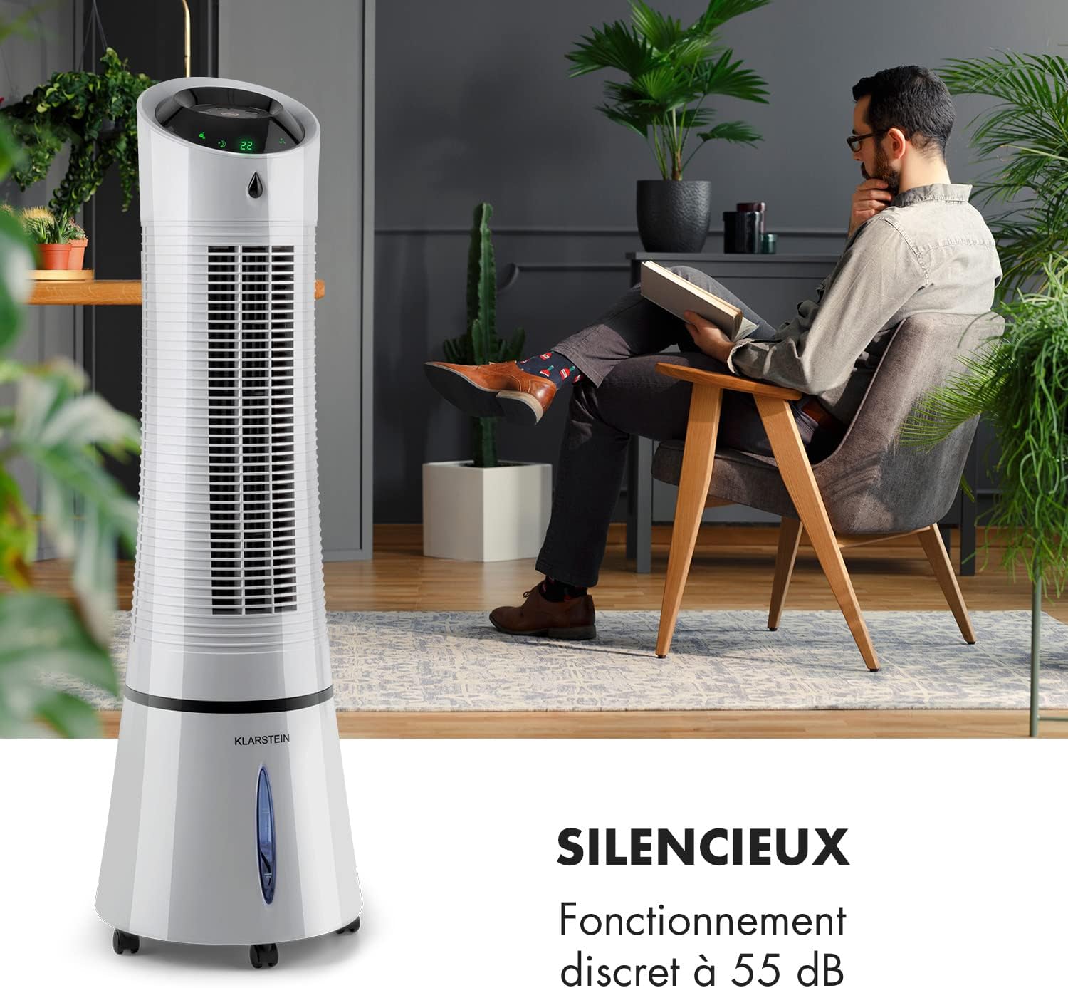 Klarstein Rafraichisseur d'Air Mobile 5 en 1, par Evaporation avec Humidificateur, Ventilateur, Ioniseur, Climatiseur Mobile Sans Évacuation, Mode Nuit, 45W, Débit d'Air de 180m³/h