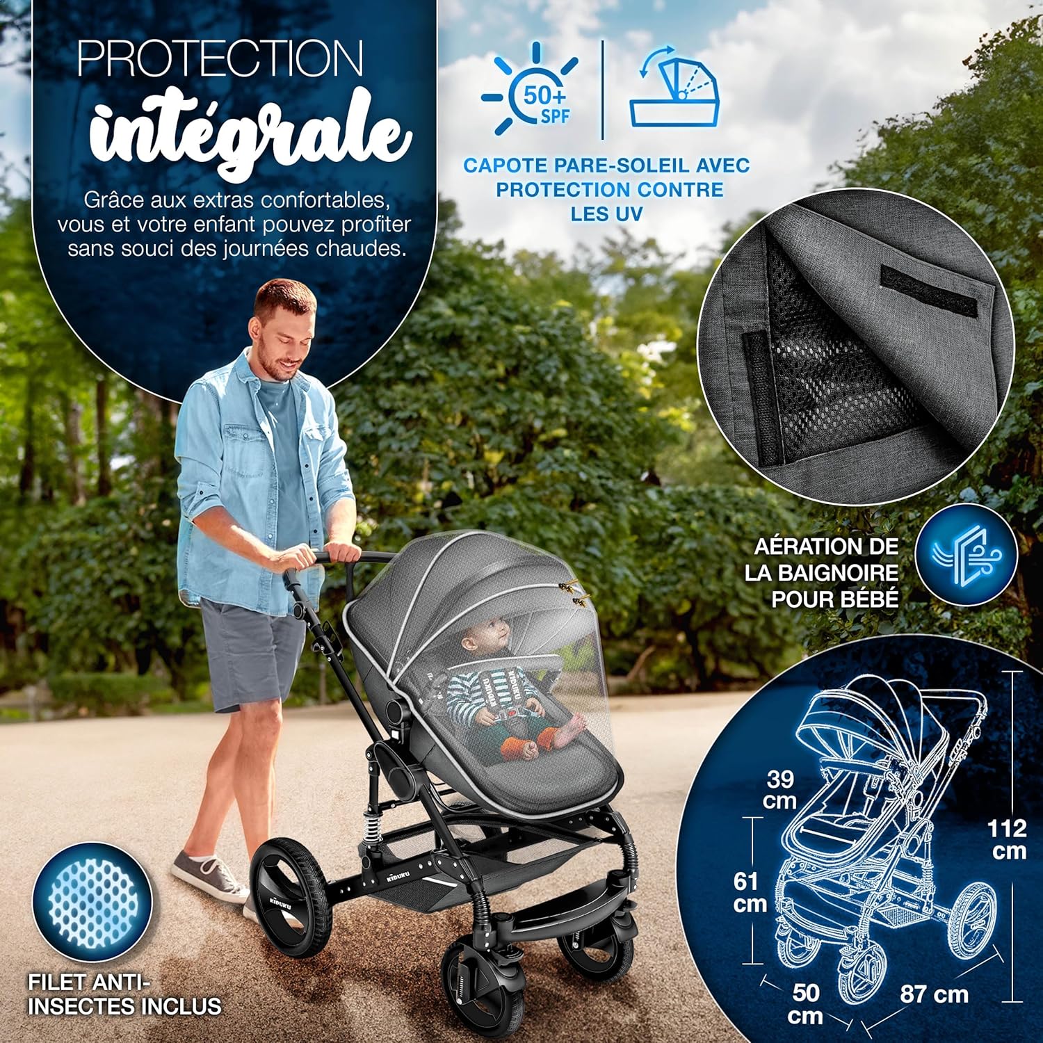 KIDUKU® Poussette Combinée 3 en 1 | Trio pour Enfants | Siége Auto Légère, Piable | Nacelle Souple Convertible | Set de Voyage (Noir/Champagne)