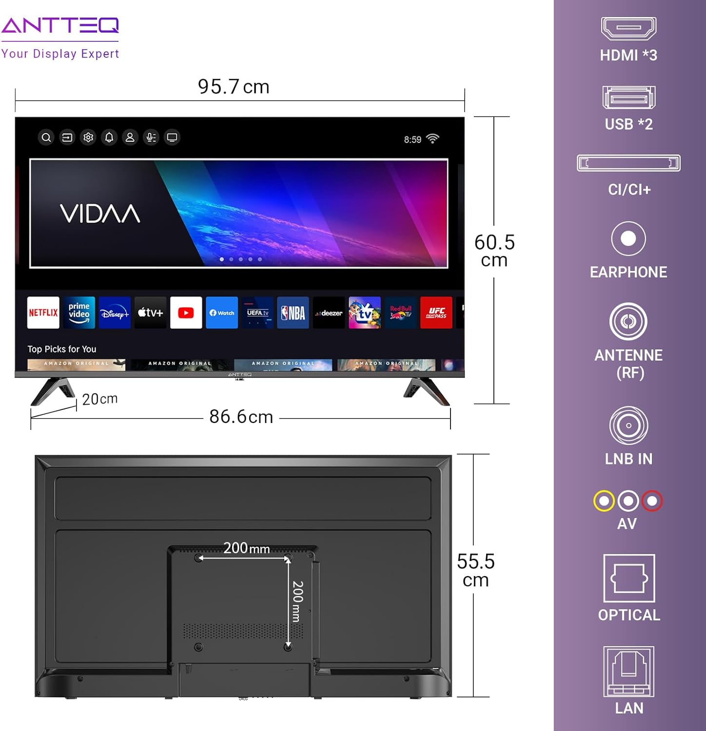 Antteq AB42D1 télévision 42 Pouces (TV 107 cm), Dolby Audio, LED, Triple Tuner DVB-C / T2 / S2, CI+, HDMI, Lecteur multimédia Via USB, Sortie Audio numérique, y Compris Mode hôtel