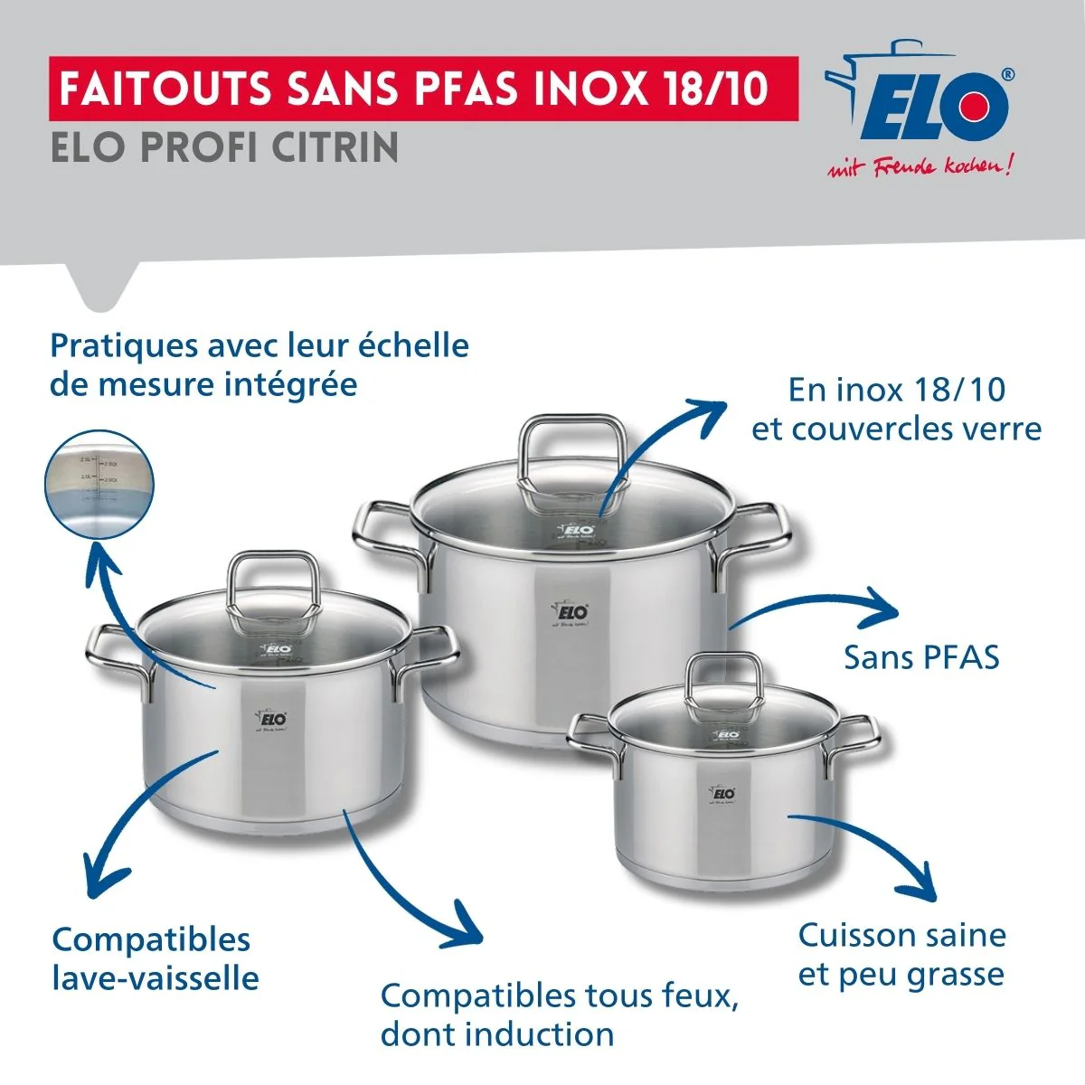 Ensemble de 2 Poêles de cuisson 24 et 32 cm et 3 faitouts 12, 14 et 16 cm Elo Profi Citrin Elo