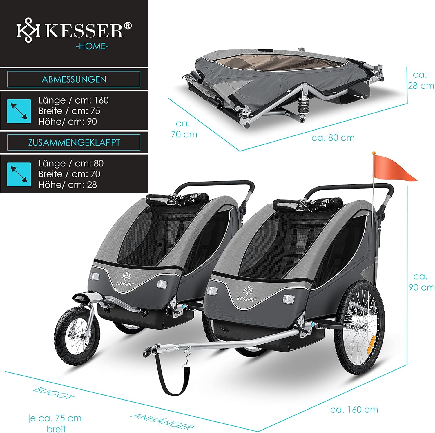 KESSER® Remorque de vélo pour enfant - Rotation à 360° - Avec suspension 2 en 1 - Fonction jogger - Remorque de vélo pour enfant - Sangle à 5 points - Pour 1 à 2 enfants - 40 kg