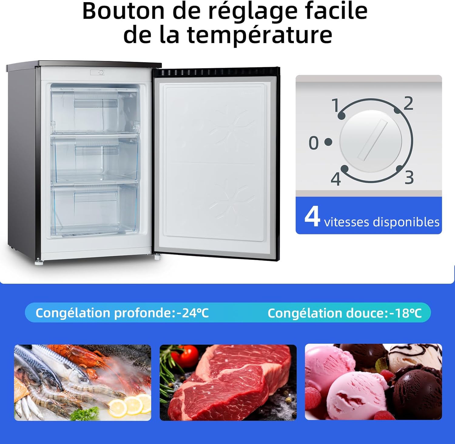 CHiQ Congélateur armoire avec une capacité de 145L, Congélation rapide, Thermostat réglable, Silencieux, Porte réversible, Noir, Classe énergétique E FSD160D4E