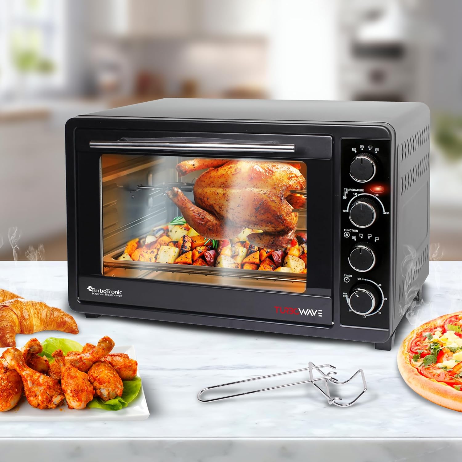 TurboTronic Mini Four à Convection avec Rtissoire, 35L, 1600W – Four Compact Multifonctions Idéal pour Pizza, Camping et Cuisine Maison, Inclus 2 Plaques de Cuisson
