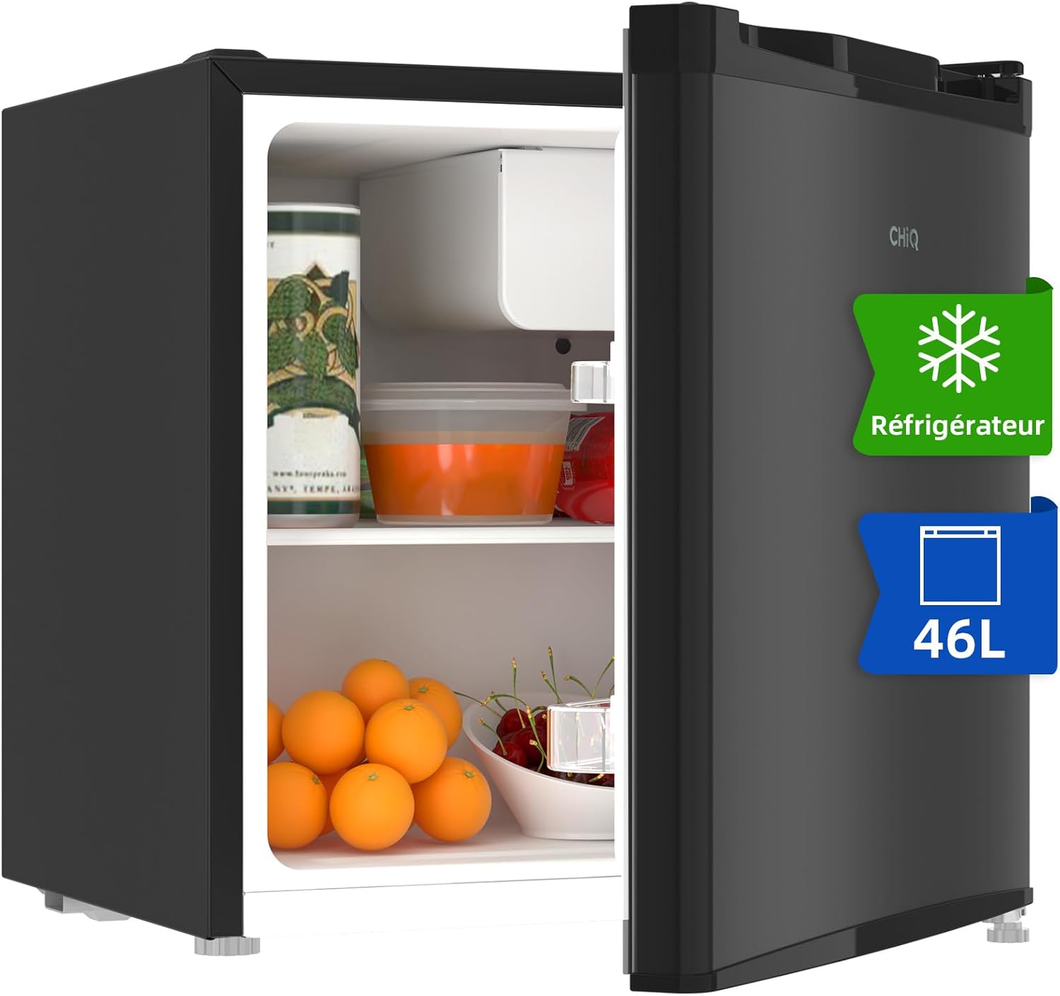 CHIQ Réfrigérateur vertical à une porte,126 L, encombremen 0,31 ㎡, Porte réversible, Tiroir à légumes, Étagères coulissantes, Faible niveau sonore 39 dB, Éclairage à DEL, Noir CSF120BE