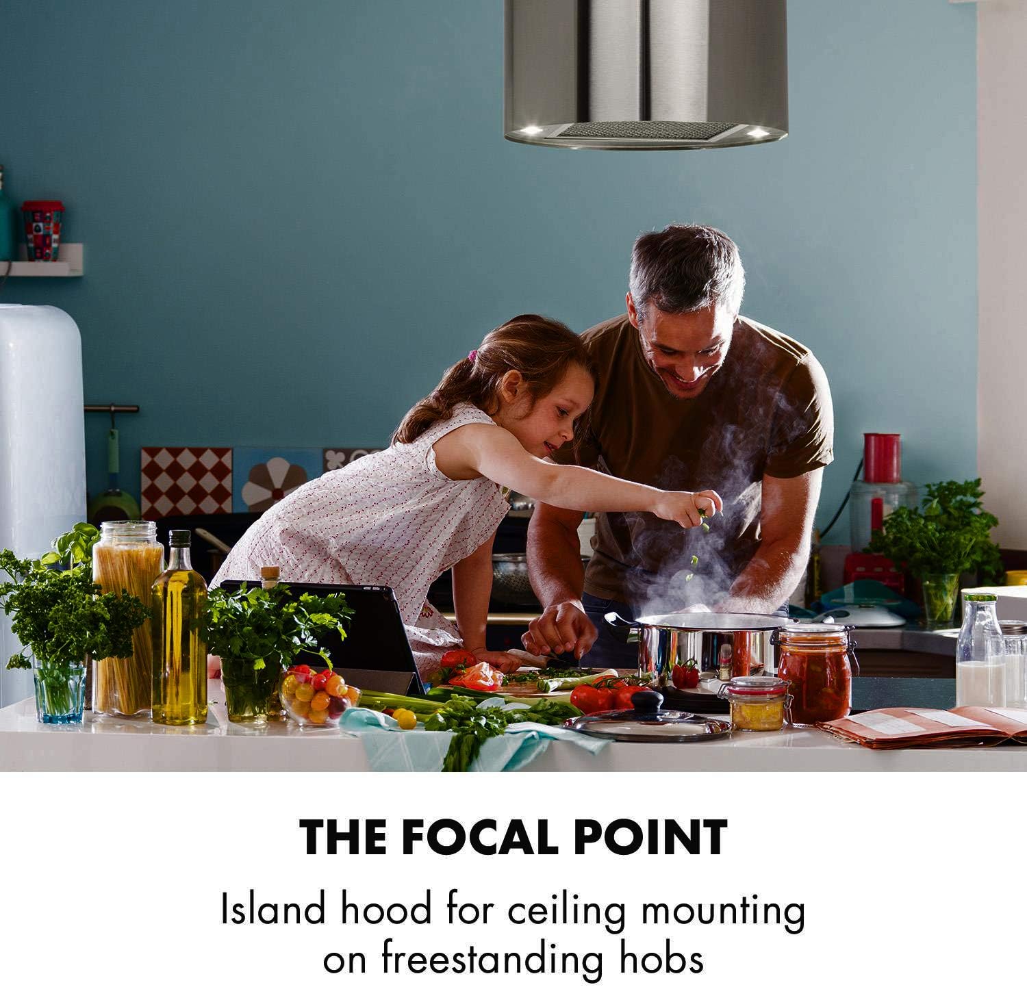 KLARSTEIN Barett - hotte aspirante îlot, hotte aspirante silencieuse Ø 35cm, Puissance Moteur 190W, 560 m³/h Max, 3 Niveaux de Puissance, éclairage LED, INOX - Argent