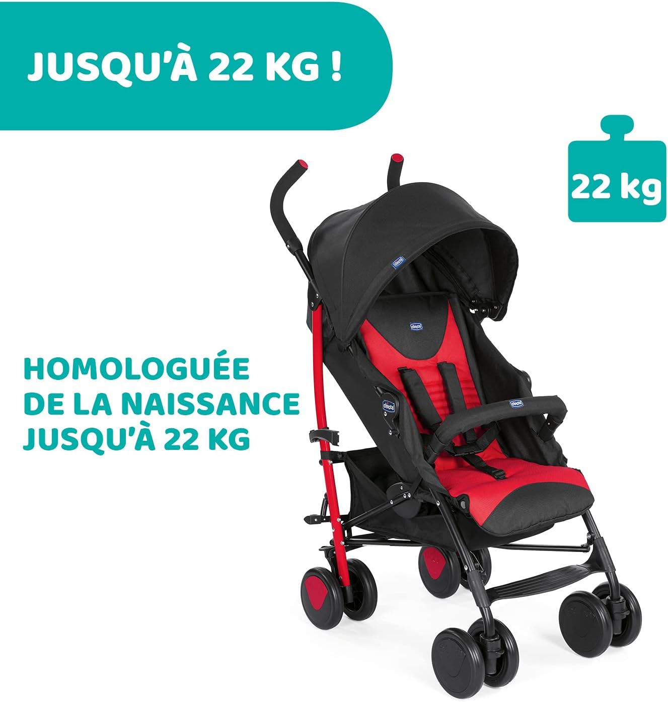 Chicco Echo Poussette Légère et Compact, Inclinable avec Arceau de Protection, Position Landau, Pliage Parapluie, Canopy Ajustable - de la Naissance à 22 Kg - Rouge