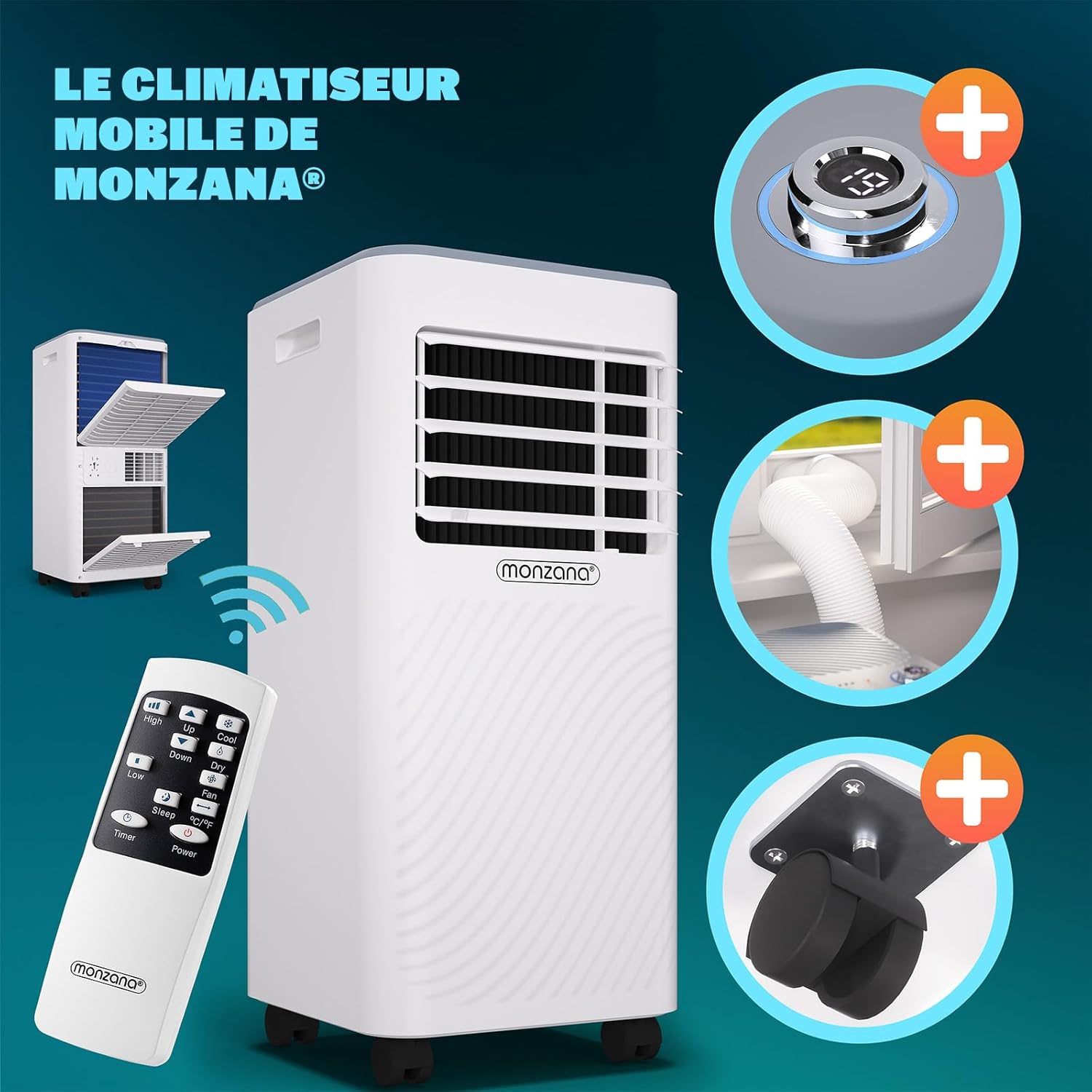 Monzana® Climatiseur Mobile MZKA2000 Tuyau d'évacuation 7000 BTU 4en1 750W 24h Timer Déshumidificateur Kit volet Roulant