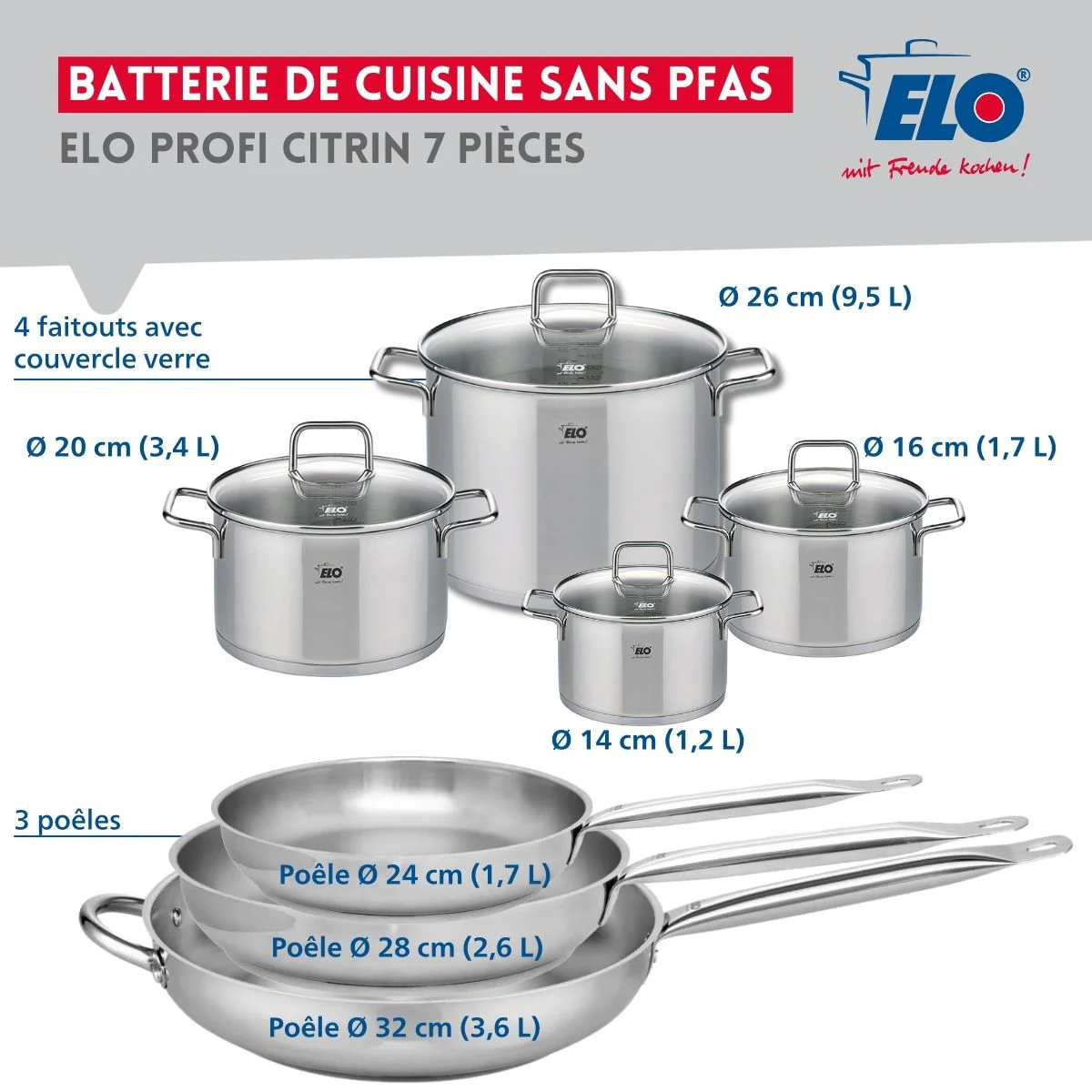 Ensemble de 3 Poêles de cuisson 24, 28 et 32 cm et 4 faitouts 14, 16, 20 et 26 cm Elo Profi Citrin Elo