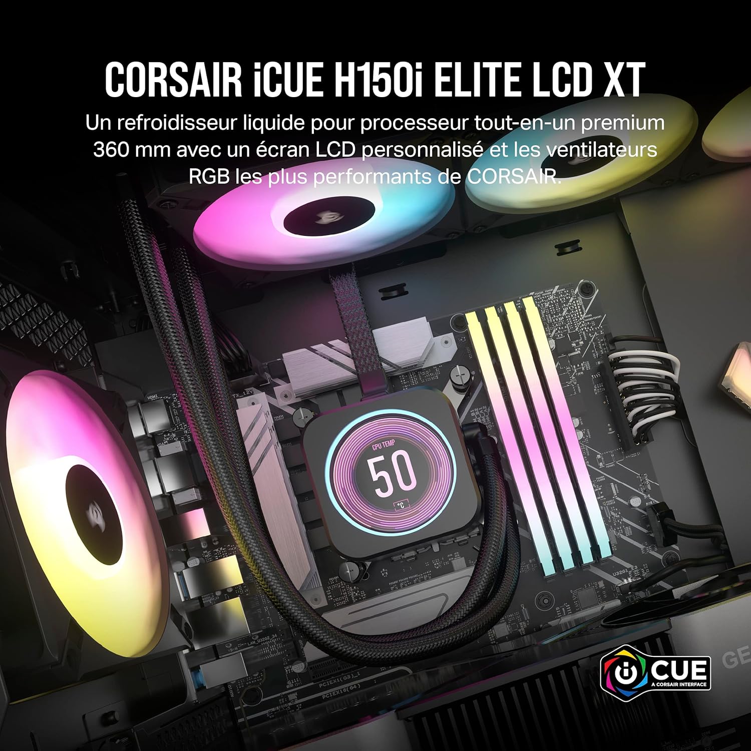 Corsair iCUE H150i Elite LCD XT Refroidisseur de CPU Liquide - Écran LCD IPS - Trois Ventilateurs AF120 RGB Elite - Radiateur 360mm - Convient à Intel® LGA 1700, AMD AM5, et Plus - Noir