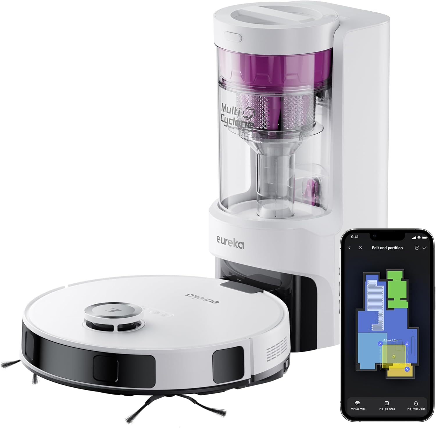 Eureka E20 Plus Aspirateur Robot de 8000 Pa avec Station de Vidange Automatique sans Sac, Robot Aspirateur Laveur Anti Enchevêtrement, Évitement d'Obstacles 3D, Autonomie de 180 Minutes, DuoDetect AI