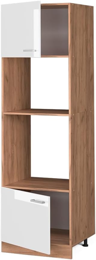 Vicco Armoire Micro-Ondes R-Line, Blanc Haute Brillance/Chêne de Force doré, 60 cm