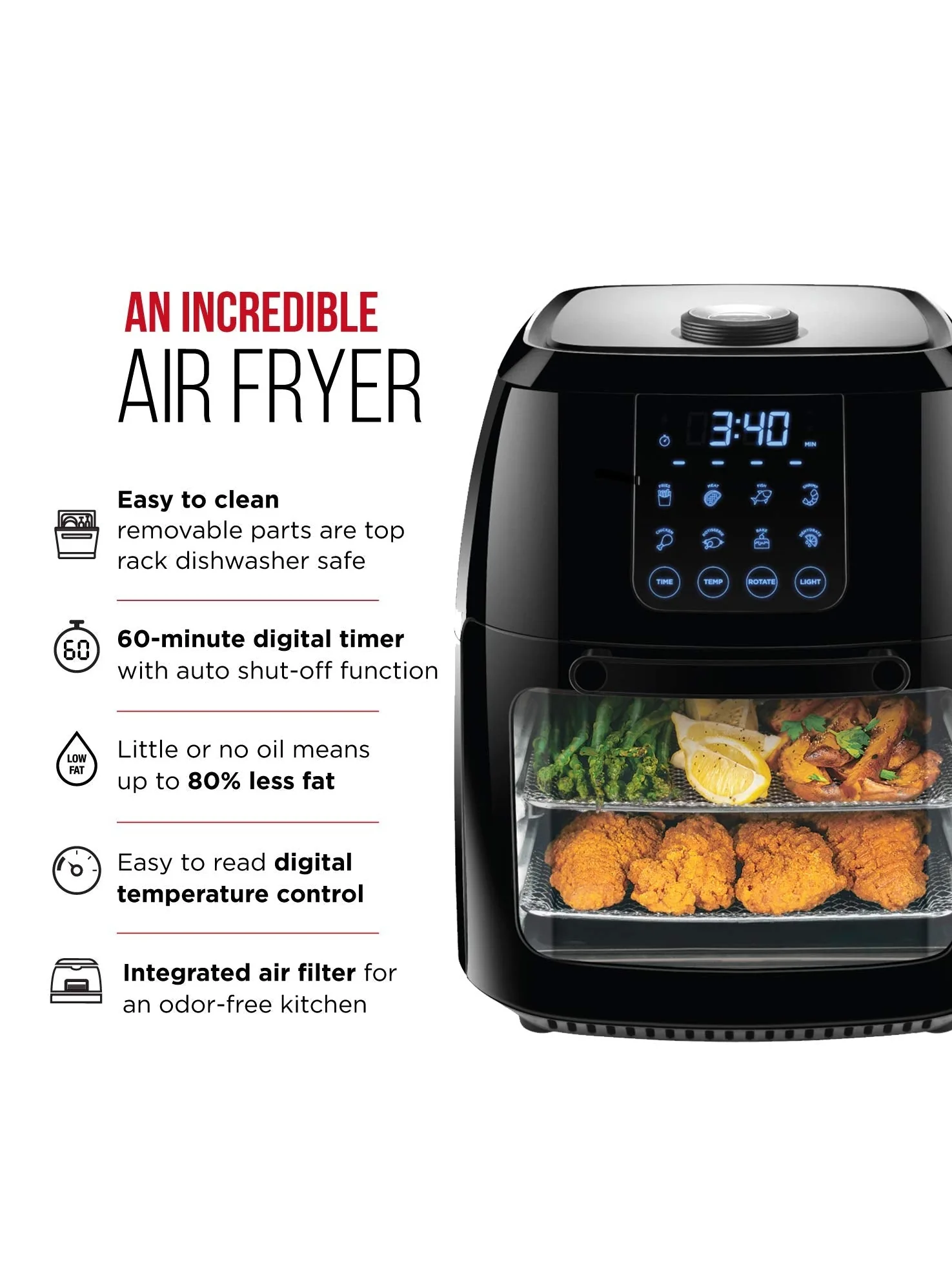 CHEFMAN Multifunctional Digital Air Fryer+ Rotisserie, Dehydrator, Convection Oven, 17 Touch Screen Presets Fry, Roast, Dehydrate, Bake, XL 10L Family Size, Auto Shutoff, Large Easy-View Window, Black