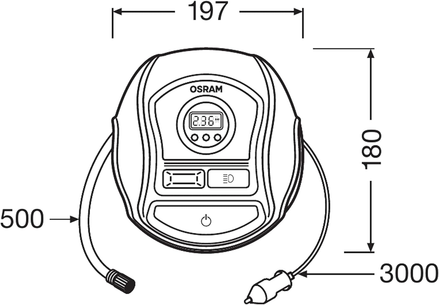 OSRAM TYREinflate Connect 650, compresseur de pneu numérique avec arrêt automatique et lumière LED, compresseur portable 12V pour pneus de voiture, connexion électrique via allume-cigare