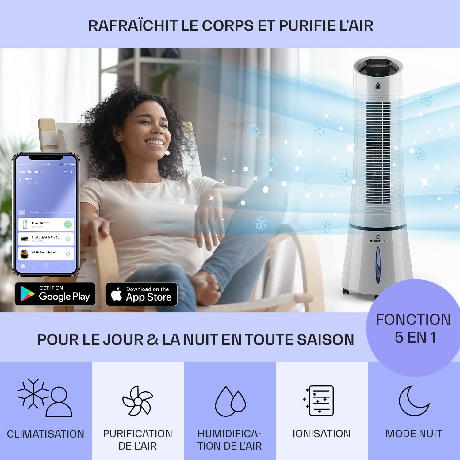 Klarstein Rafraichisseur d'Air Mobile 5 en 1, par Evaporation avec Humidificateur, Ventilateur, Ioniseur, Climatiseur Mobile Sans Évacuation, Mode Nuit, 45W, Débit d'Air de 180m³/h