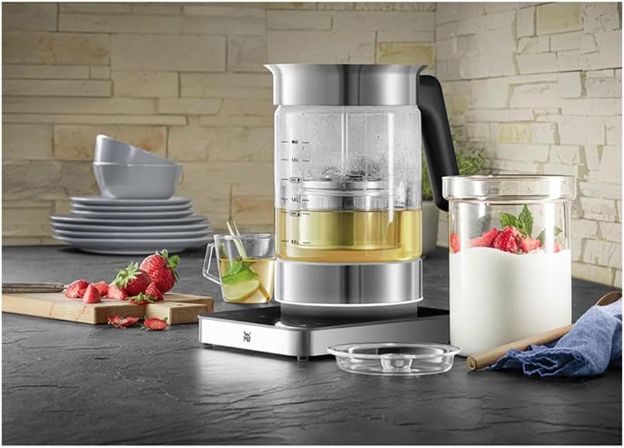 WMF Lumero Bouilloire 3 en 1 en verre 1,6 l, fonction bec verseur à 36 °, chauffe-aliments pour bébé, multichauffeur, yaourtière, réglage de la température, acier inoxydable mat