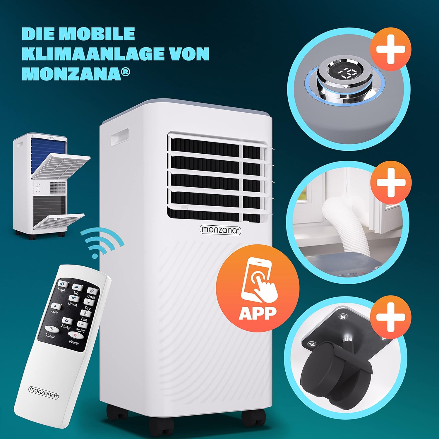 Monzana® Climatiseur Mobile MZKA2000 Tuyau d'évacuation 7000 BTU 4en1 750W 24h Timer Déshumidificateur Kit volet Roulant