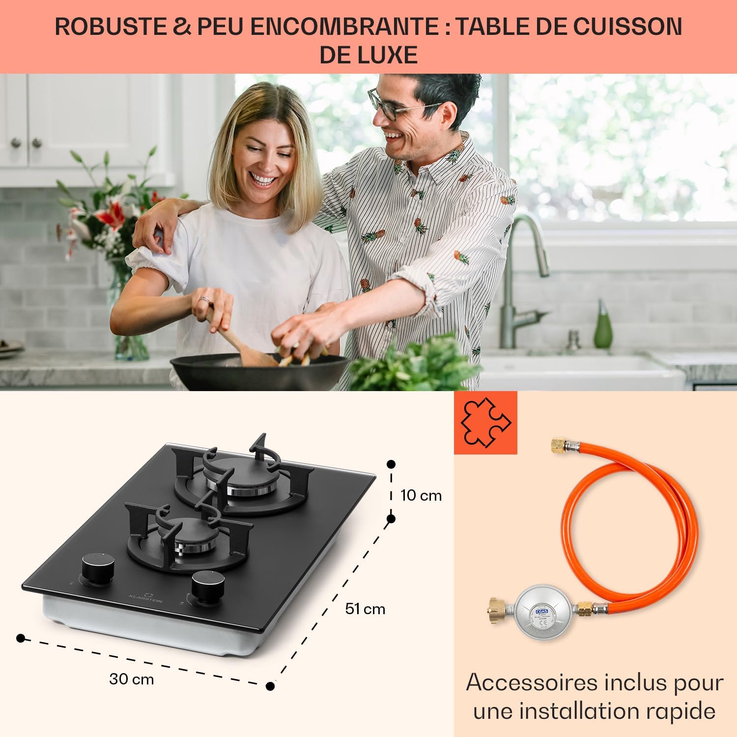 Klarstein Table de Cuisson à Gaz, Plaque de Cuisson Gaz à 4 Brûleurs, Table de Cuisson Electrique à 4 Feux de 8000W, Cuisiniere Gaz, Gaziniere Gaz avec Brûleurs en Acier Inoxydable, Cuisinières GPL