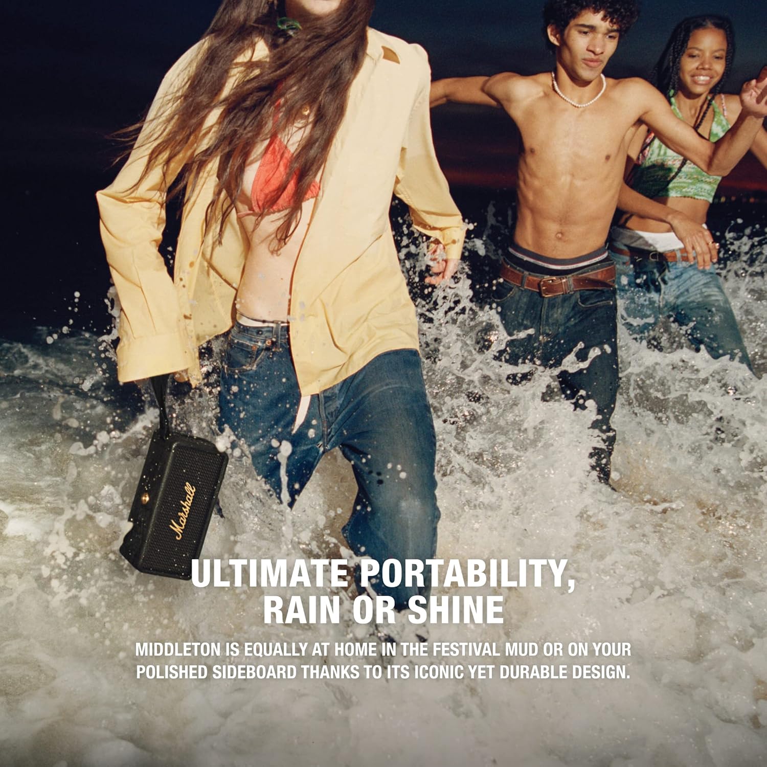 Marshall Middleton Haut-Parleur Bluetooth Portable sans Fil - 20+ Heures de Lecture Portable - Étanche IP67 - Noir & Laiton