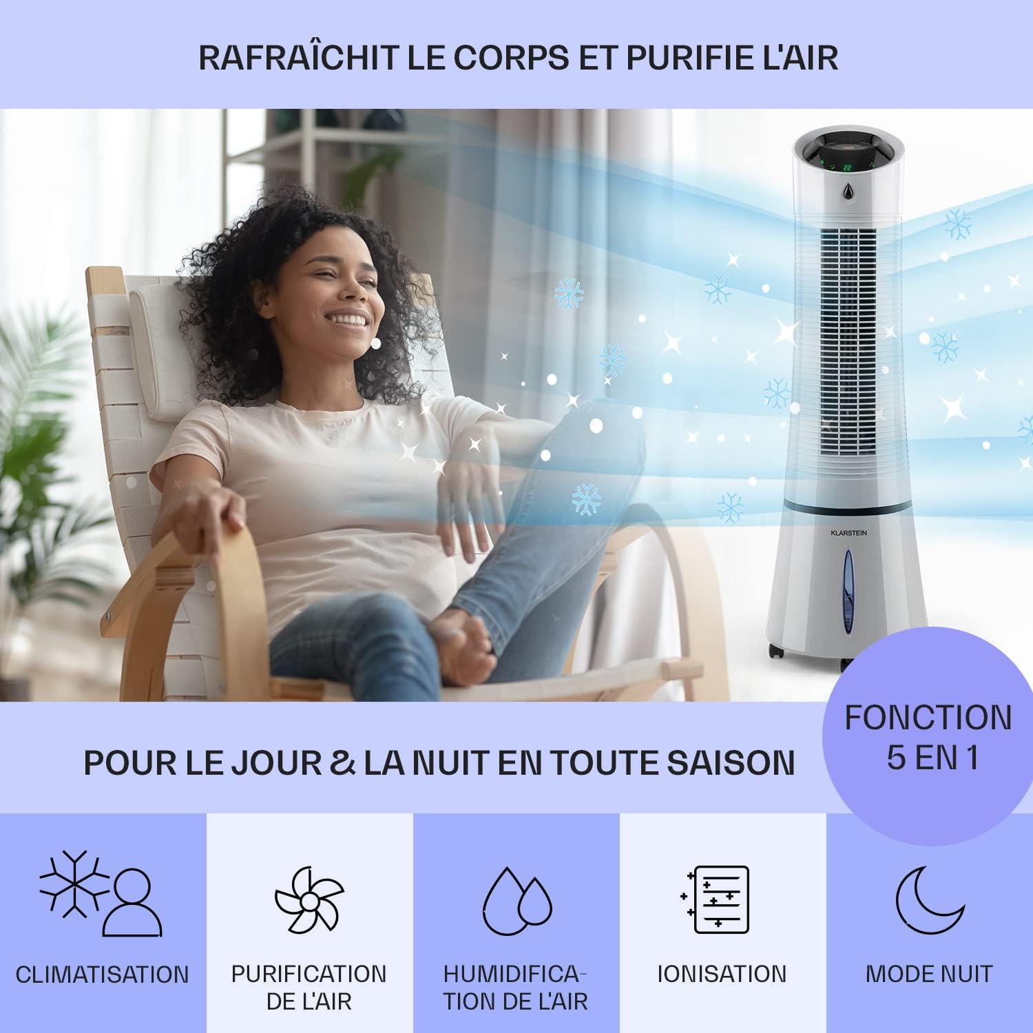 Klarstein Rafraichisseur d'Air Mobile 5 en 1, par Evaporation avec Humidificateur, Ventilateur, Ioniseur, Climatiseur Mobile Sans Évacuation, Mode Nuit, 45W, Débit d'Air de 180m³/h