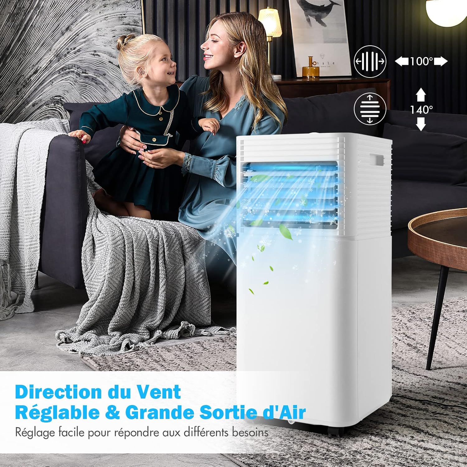 RELAX4LIFE Climatiseur Mobile Silencieux 9000BTU, Climatiseur Portable 4 en 1, Refroidisseur d'Air, Ventilateur, Déshumidificateur, Mode Nuit, 15-20㎡, Télécommande, Minuterie 24H, Classe Energie A