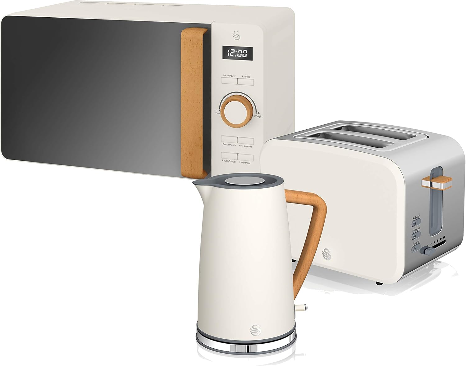 Swan Nordic Set petit-déjeuner bouilloire 1,7 l 3000 W, grille-pain à fente large 2 tranches, micro-ondes 20 l numérique, design moderne, effet bois, blanc