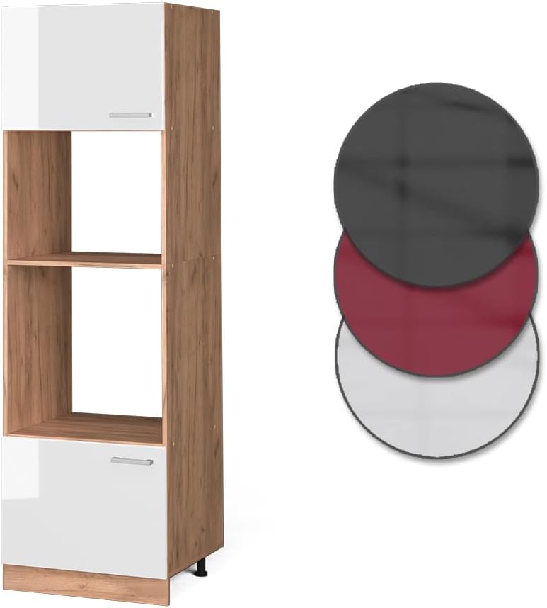 Vicco Armoire Micro-Ondes R-Line, Blanc Haute Brillance/Chêne de Force doré, 60 cm