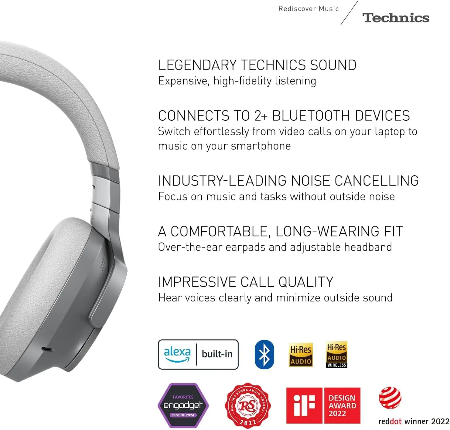 Technics Wireless Noise Cancelling Headphones, 50 Hours Battery Life, High-Fidelity Bluetooth Headphones with Multi-Point Connectivity, Impressive Call Quality, and Comfort Fit - EAH-A800-S Silver