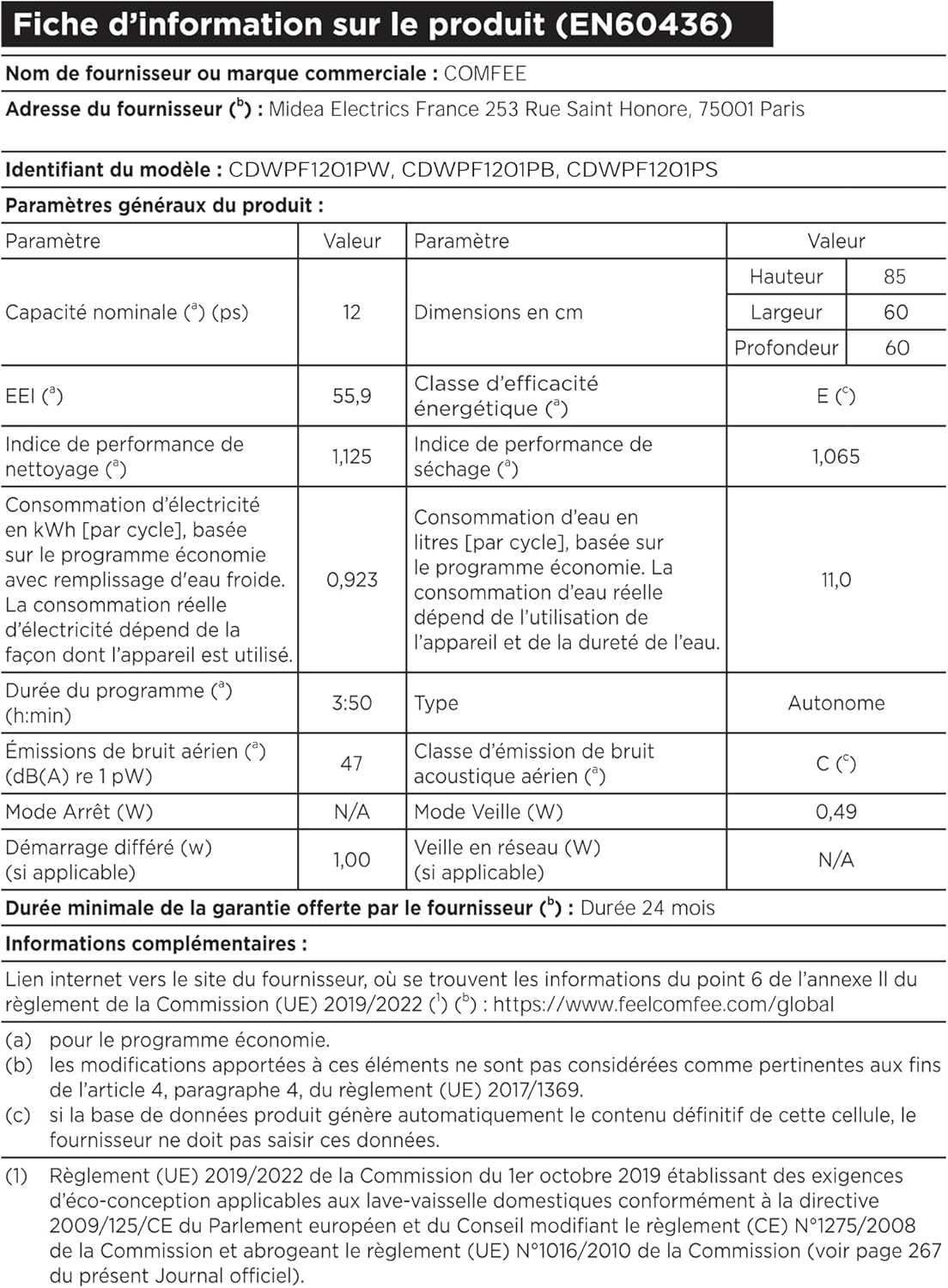 COMFEE' CDWPF1201PS Lave-vaisselle Pose Libre, 60 cm, 12 couverts, départ différé, fonction demi-charge, paniers flexibles - Acier Inoxydable, 49 dB, Commande Bouton