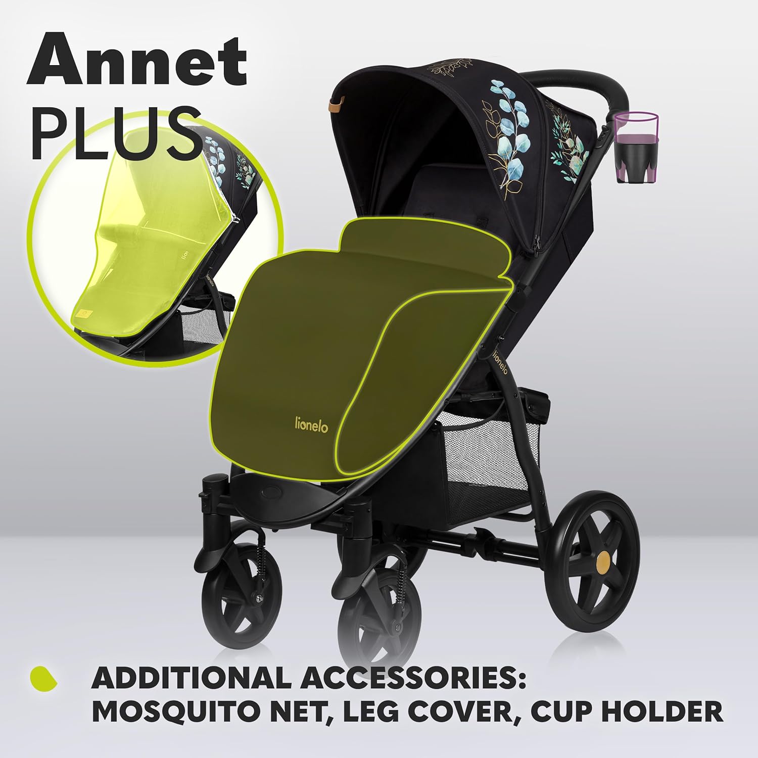 LIONELO Annet Plus poussette bebe à 22 kg, auvent avec fenêtre, roues EVA, chancelière moustiquaire porte-gobelet, réglage du dossier jusqu’à la position couchée (Dreamin, PLUS)