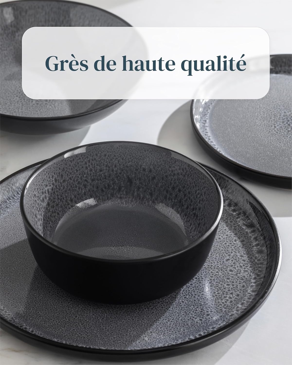 Service de Vaisselle en Grès Ibiza 36 pièces –Ensemble de Vaisselle pour 12 Personnes, Adapté au Lave-Vaisselle et au Micro-Ondes, Pure Living bleu fumé, Assiettes Service de Table