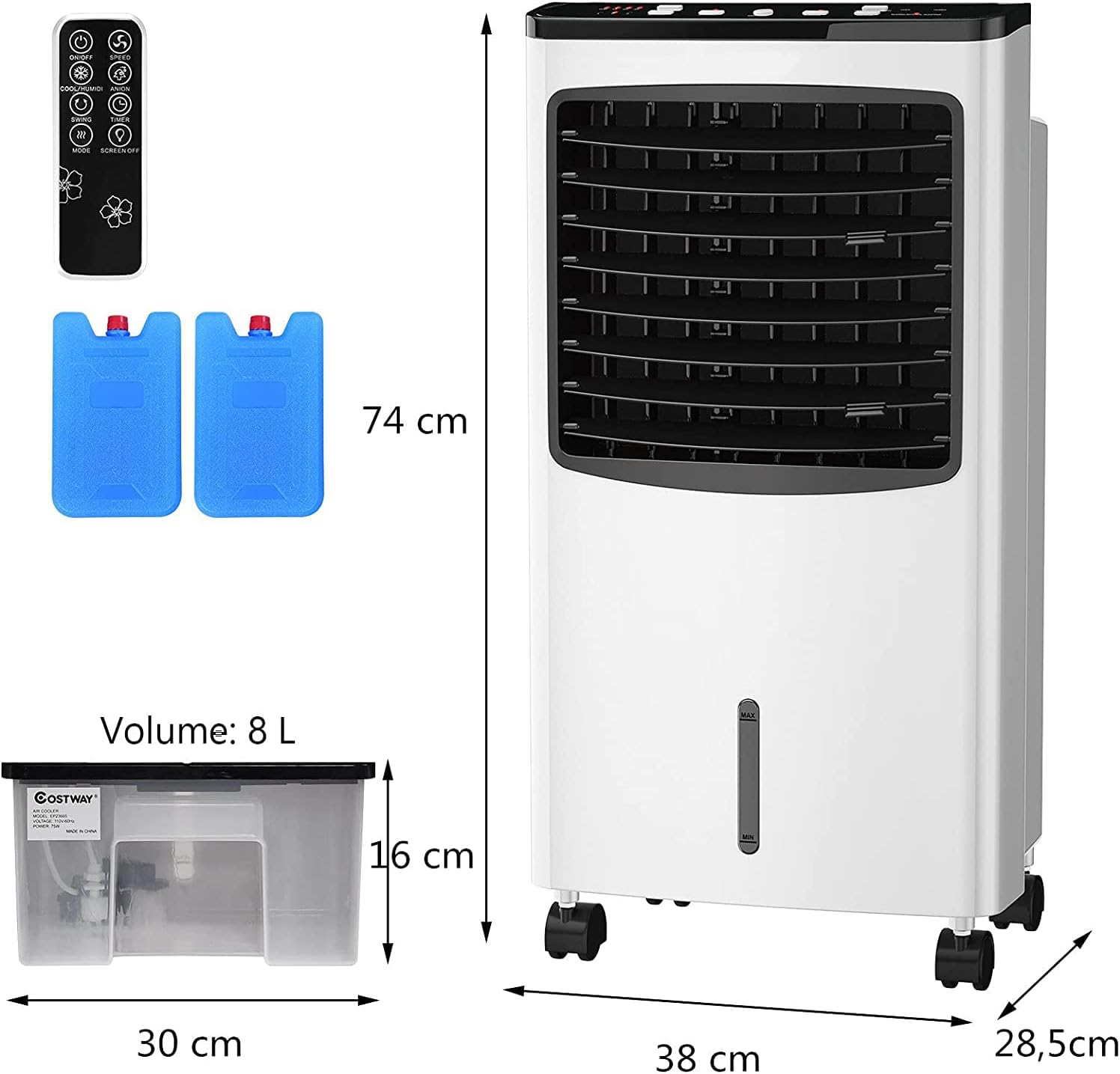 RELAX4LIFE Rafraîchisseur d’Air Mobile avec Humidificateur et Purificateur, 3 Mode de Vitesse, Climatiseur avec Réservoir d'Eau 8L et Filtre Amovible et Lavable pour Chambre, Bureau, Salon