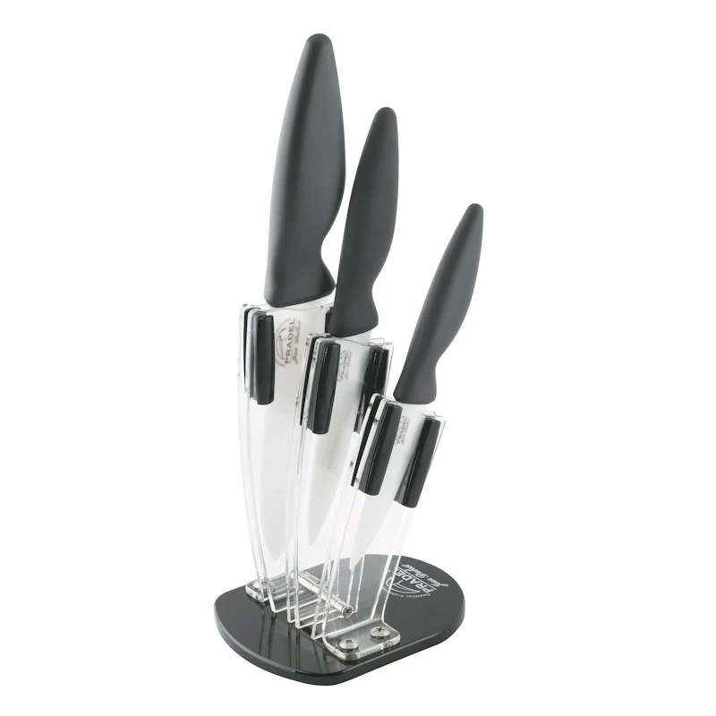 Bloc en plexi transparent + 3 couteaux en céramique Jean Dubost