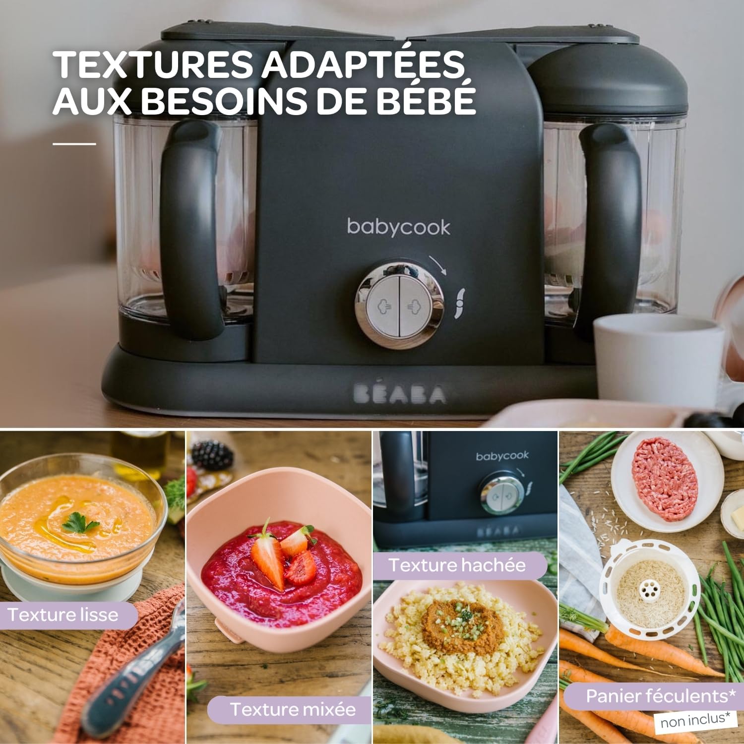BÉABA, Babycook Duo Robot Bébé 4 en 1 Mixeur-Cuiseur, Cuisson Vapeur rapide 15min , Diversification alimentaire, Petits pots bébé maison, Contenance XXL 2200 ml, Noir