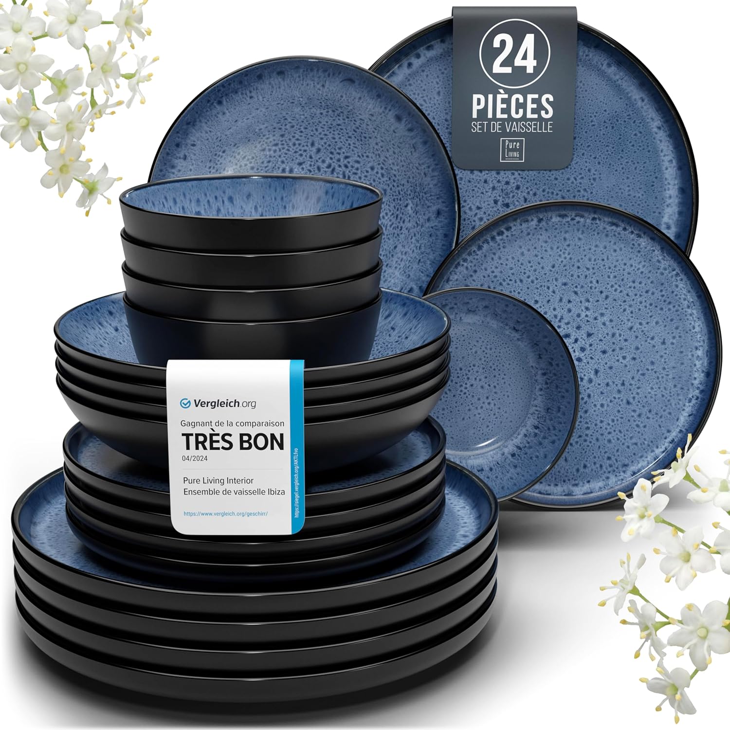 Service de Vaisselle en Grès Ibiza 36 pièces –Ensemble de Vaisselle pour 12 Personnes, Adapté au Lave-Vaisselle et au Micro-Ondes, Pure Living bleu fumé, Assiettes Service de Table