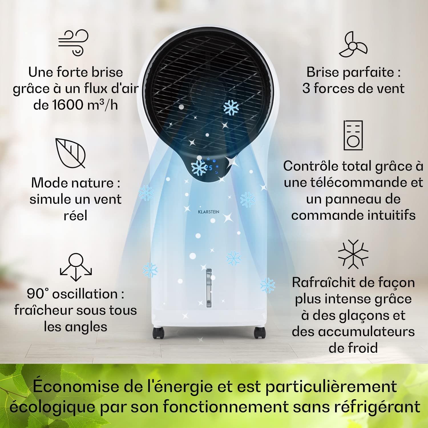 Klarstein Climatiseur Mobile 3 en 1, Climatiseur Portable avec Humidificateur, Ventilateur, Climatiseur Mobile Sans Évacuation, 2 Pack Glacons, Minuterie, 3 Modes, 90W, Puissant Débit d'Air 1600m³/h