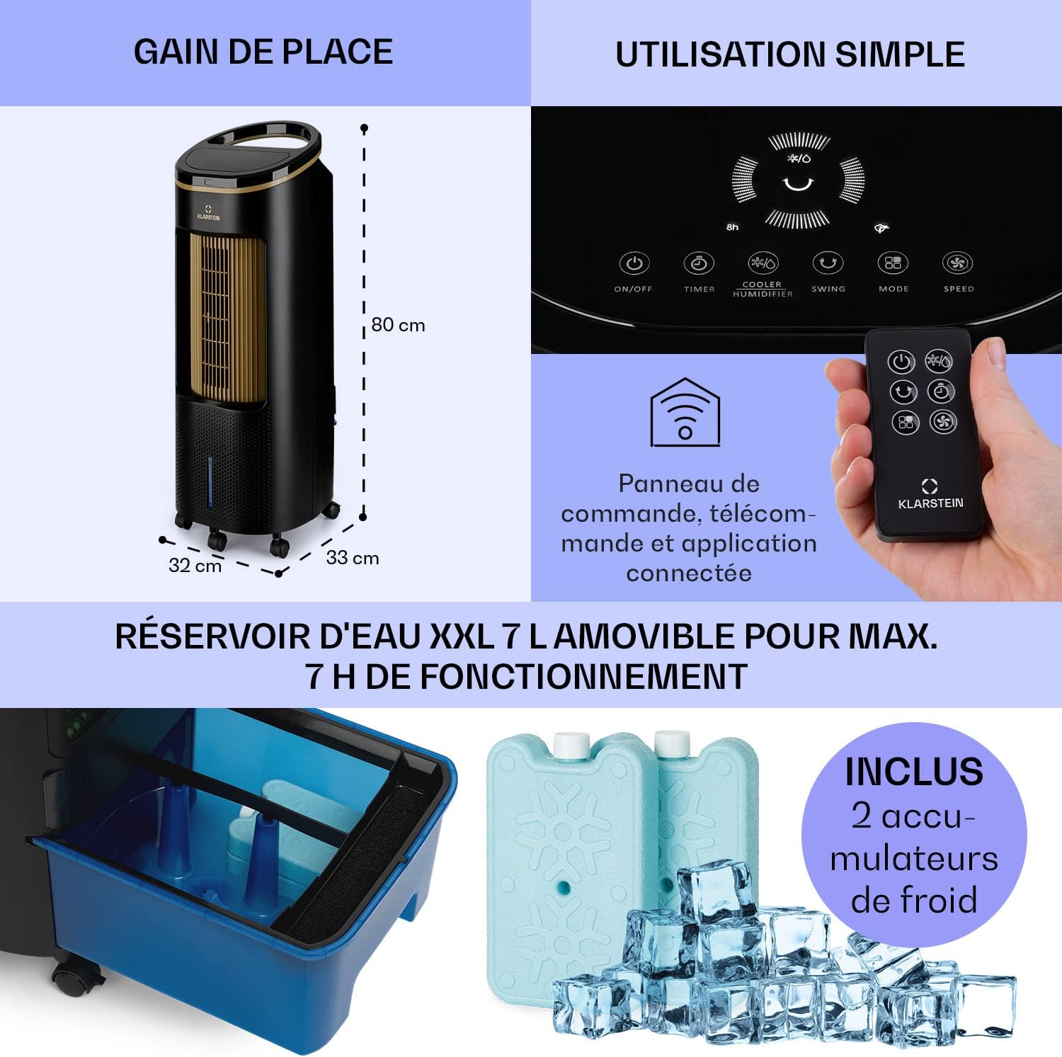 Klarstein Rafraichisseur d'Air 4 en 1, Climatiseur Portable Smart APP Mobile, Humidificateur, Ventilateur, Sans Évacuation 65W, Pack Glacons, Mode Nuit, Puissant Débit d'Air 330m³/h