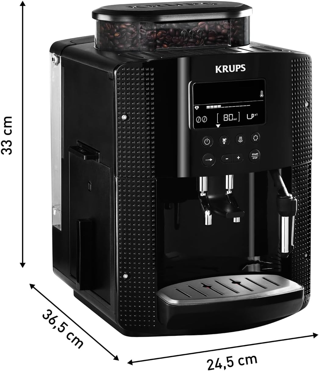 Krups Machine à café grain, 2 expressos simultanés, Ecran LCD, Cafetière espresso compacte, Nettoyage automatique, Buse vapeur pour Cappuccino, Essential noire YY8135FD, Noir