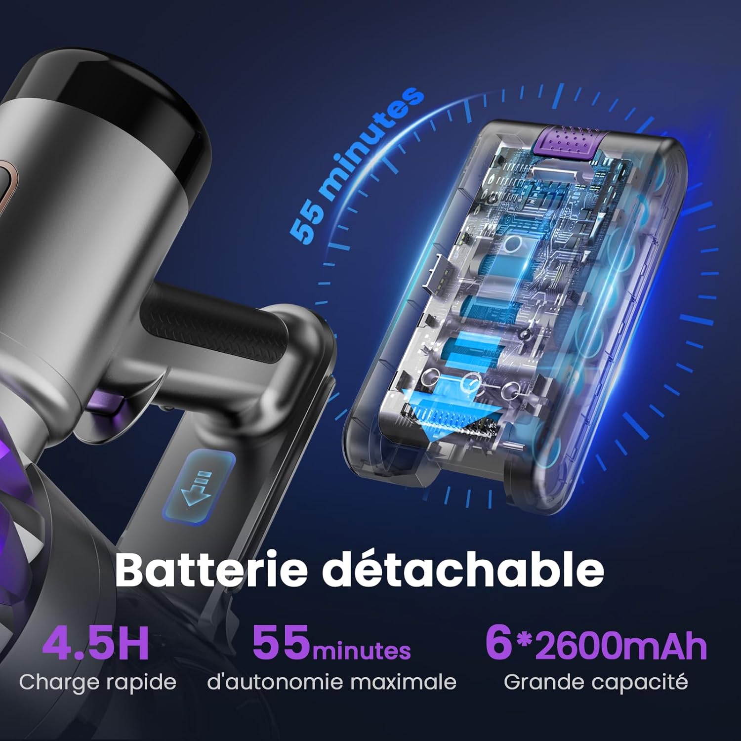 Aspirateur Balai sans Fil, 40KPa/ 55 Min d'Autonomie Aspirateur sans Fil Puissant avec Écran LED, Batterie Amovible, Lumière LED, Brosse Anti-emmêlement pour Tapis, Sols Durs, Poils d'animaux
