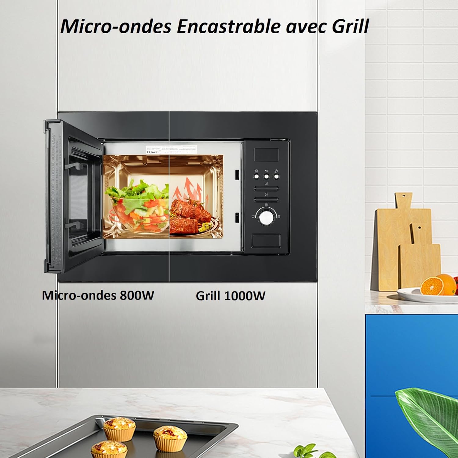 Techomey Micro-ondes Encastrable, 20L, Micro-ondes Grill Intégrable, Micro-ondes 800W, Grill 1000W, L59,5 x P34,4 x H38,8cm, Plateau Tounant 24,5cm, Noir