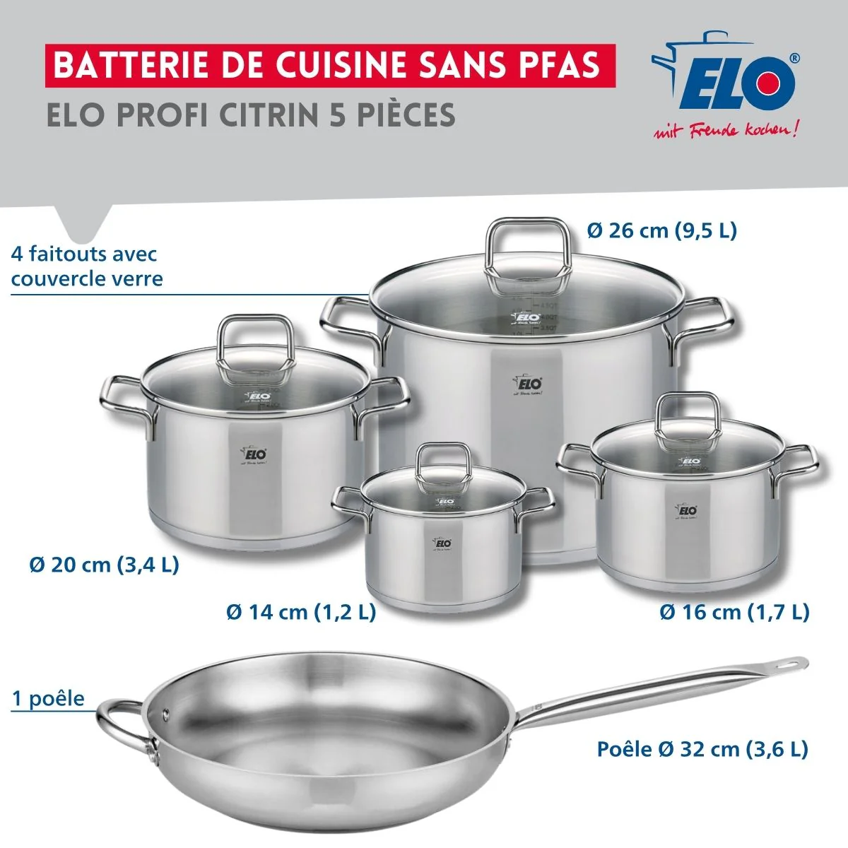 Set de 1 Poêle de cuisson 32 cm et 4 faitouts 14, 16, 20 et 26 cm Elo Profi Citrin Elo