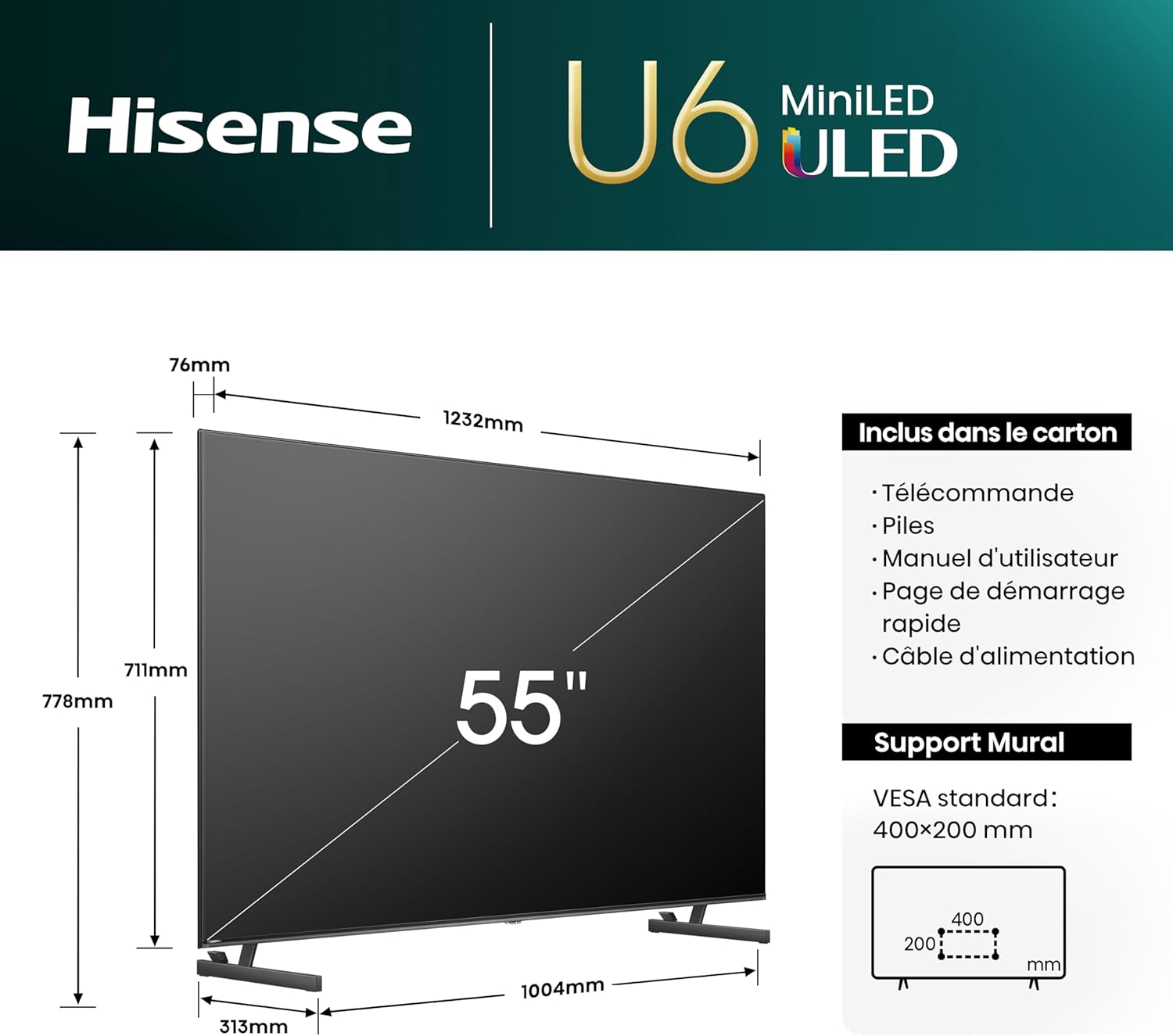 Hisense Smart TV 43 Pouces 43A6N 4K UHD, Dolby Vision, HDR, VIDAA avec Youtube, Netflix, Disney+, Canal +