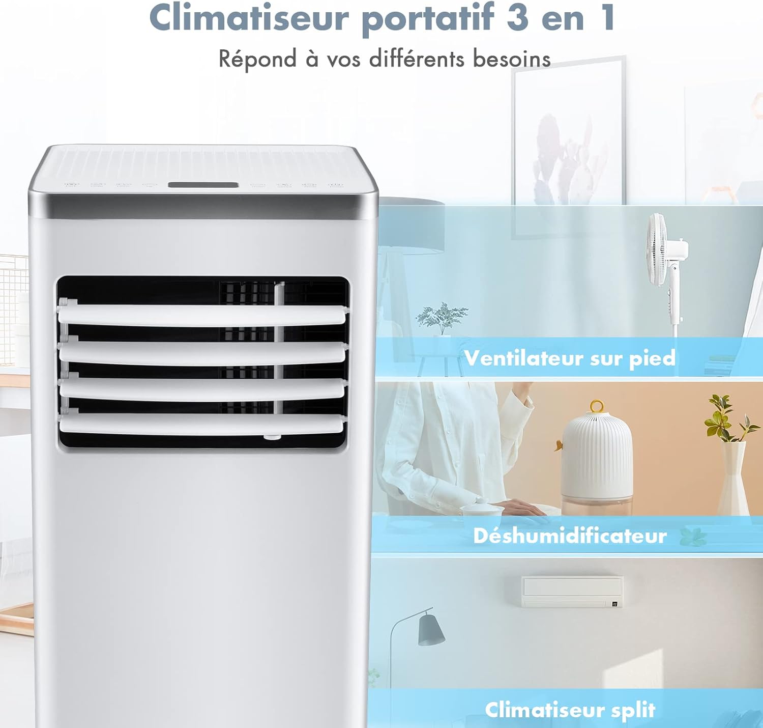 RELAX4LIFE Climatiseur Mobile Silencieux 9000BTU, Climatiseur Portable 4 en 1, Refroidisseur d'Air, Ventilateur, Déshumidificateur, Mode Nuit, 15-20㎡, Télécommande, Minuterie 24H, Classe Energie A