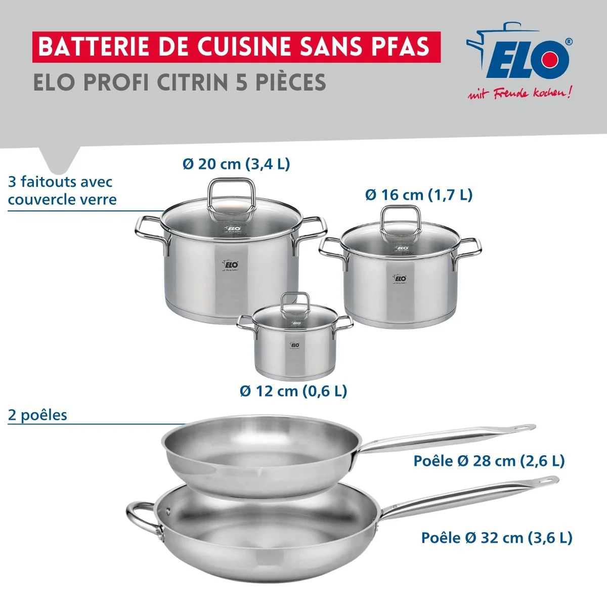 Ensemble de 2 Poêles de cuisson 28 et 32 cm et 3 faitouts 12, 16 et 20 cm Elo Profi Citrin Elo