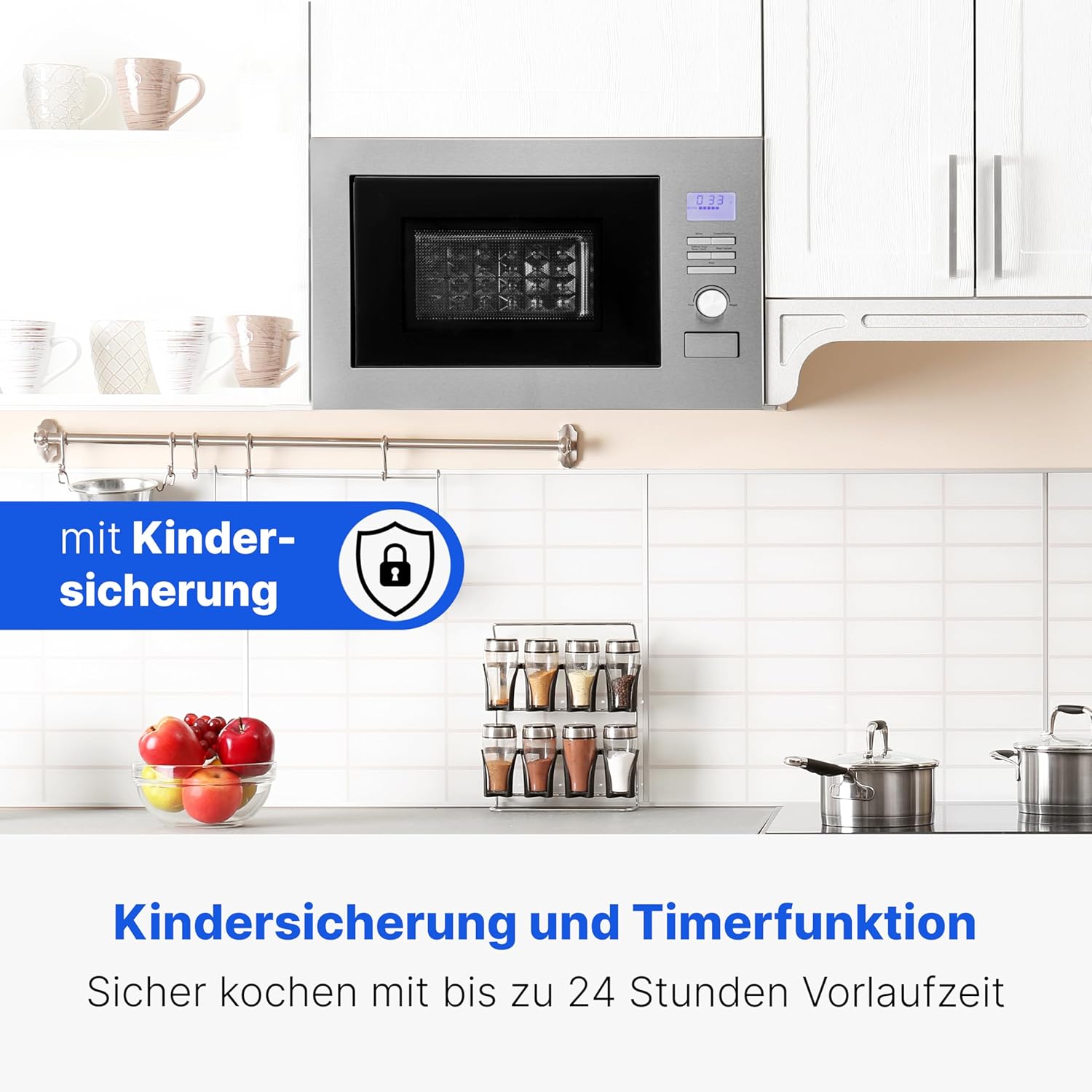 Bomann MWG3001HEB Micro-ondes encastrable 3 en 1 avec grill et air chaud, écran LCD, 8 programmes automatiques, fonction minuterie, espace de cuisson 25 l, intérieur en acier inoxydable, argenté