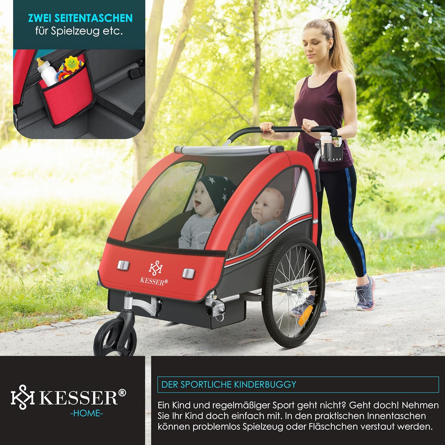 KESSER® Remorque pour Enfants Remorque de vélo Sport-RX 2en1 Fonction de Running Remorque de vélo pour Enfants + Ceinture de sécurité 5 Points 360°- Roue Avant Jogger Poussette Vélo