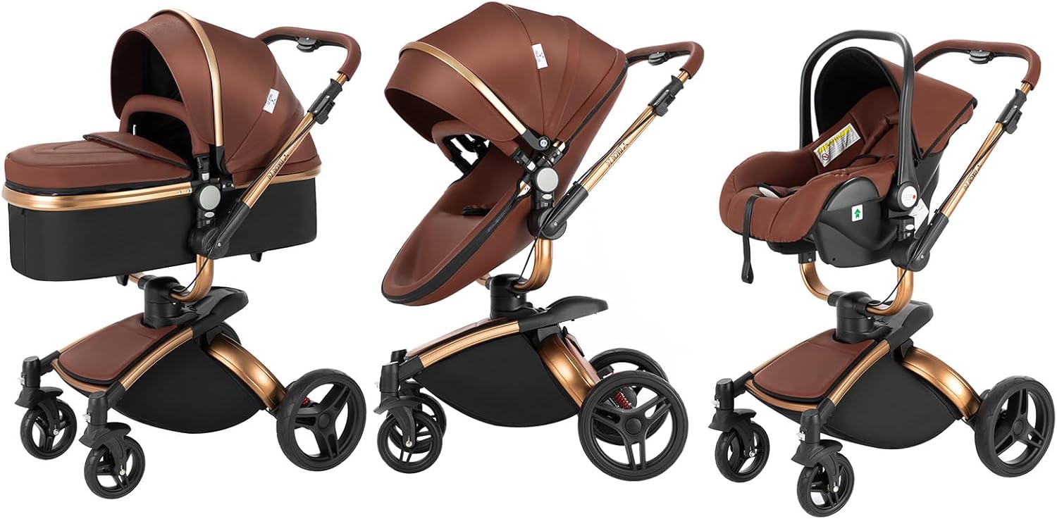 Magic ZC Poussette 3 en 1, Poussette Bebe avec Conception Portable Pliable en Un Clic, Pousette 3 en 1 avec Poussée Réversible Bidirectionnelle, Poussette Trio avec Accessoires (black gold 588)