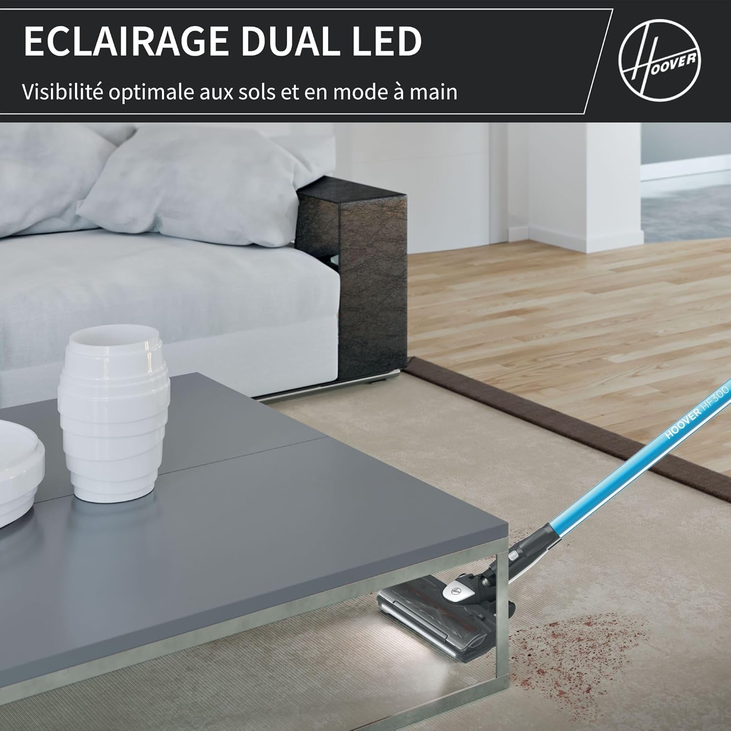 Hoover HF522STP Aspirateur Balai sans Fil Puissant, Grande Autonomie, Rangement Compact, Electrobrosse Anti-emmêlement LED, Turbobrosse Spéciale Animaux, Charge Rapide,Position Park&Go, Bleu Skyfall