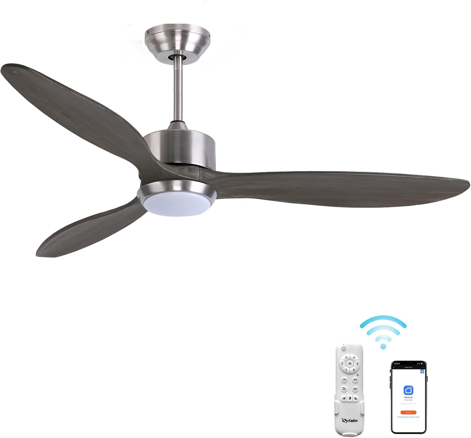 Ovlaim 132cm intérieur extérieur 3 pales hélice Smart ventilateur de plafond, Ventilateur de plafond en bois massif à moteur DC silencieux avect